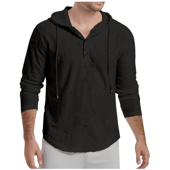 UAMVSH Men's Lightweight Fall Hoodie Soft Long Sleeve Button Hooded Sweatshirts with Drawstring Trendy Curved Hem Pullover Tops(X-Large,Black)