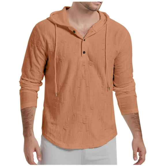 UAMVSH Men's Lightweight Fall Hoodie Soft Long Sleeve Button Hooded Sweatshirts with Drawstring Trendy Curved Hem Pullover Tops(X-Large,Orange)