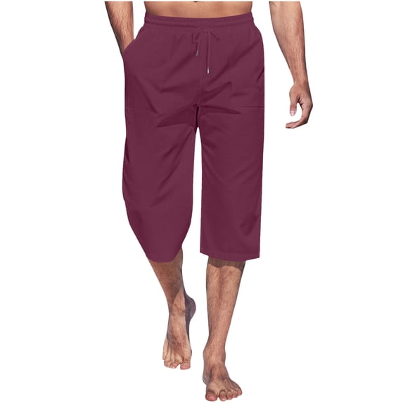 UAMVSH Men's Linen Capri Pants Summer Elastic Waist Beach Shorts Drawstring Below Knee Casual 3/4 Shorts with Pockets