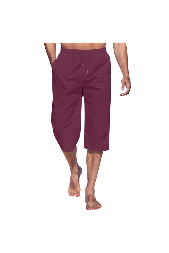 Men's Linen Capri Pants Summer Elastic Waist Beach Shorts Drawstring Below Knee Casual 3/4 Shorts with Pockets