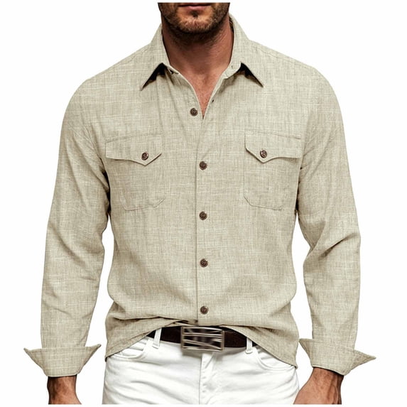 UAMVSH Men's Linen Shirts Casual Long Sleeve Button Down Shirt Regular Fit Collared Work Tops with Pockets for Wedding Beach