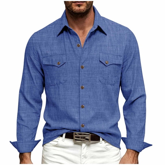 UAMVSH Men's Linen Shirts Casual Long Sleeve Button Down Shirt Regular Fit Collared Work Tops with Pockets for Wedding Beach