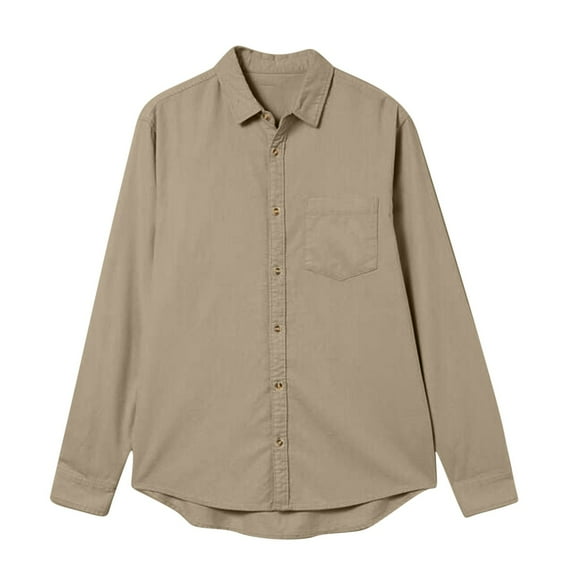 UAMVSH Men 's Long Sleeve Casual Button-Down Shirt Classic Lapel Collar Solid Color Tops Formal Business Work Office T-Shirts(XX-Large,Khaki)