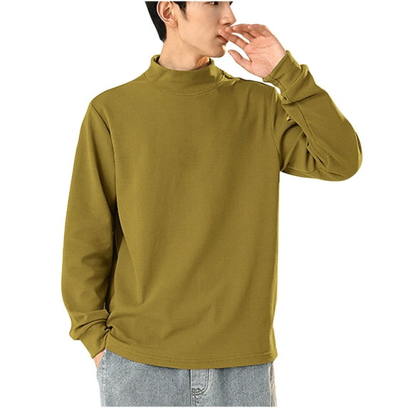 UAMVSH Men's Plus Size Long Sleeve Casual Shirts Soft Warm Layering Tops Loose Fit Mock Neck Solid Color Pullover T-Shirts(Medium,Gold)
