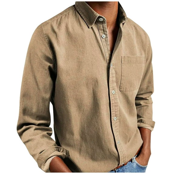 UAMVSH Men's Shirts Casual Long Sleeve Button down Tops Solid Color Tshirt Fashion Collared Golf Work Dressy Blouses with Chest Pockets(3X-Large,Khaki)