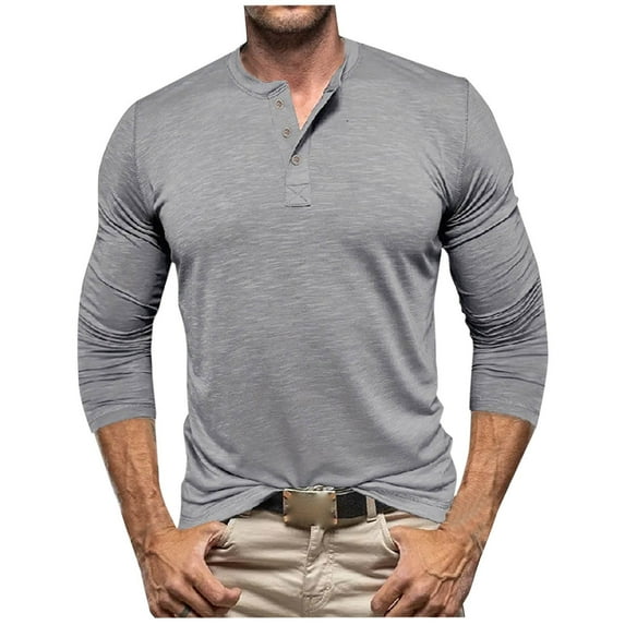UAMVSH Men's Slim Fitted Long Sleeve Shirts Solid Color Casual Henley V-Neck T-Shirts Soft Fall Basic Vacation Work Lounge Tops(Large,Gray)