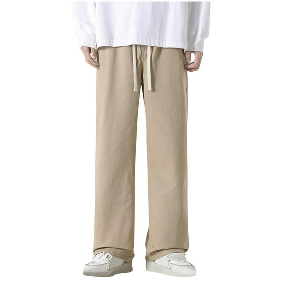 UAMVSH Men's Straight Leg Jeans Casual Cotton Drawstring Elastic Waist Vintage Washed Loose Fit Denim Pants with Pockets(Medium,Khaki 2)