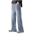 thumbnail image 1 of UAMVSH Men's Straight Leg Jeans Casual Cotton Drawstring Elastic Waist Vintage Washed Loose Fit Denim Pants with Pockets(X-Large,Light Blue 1), 1 of 4