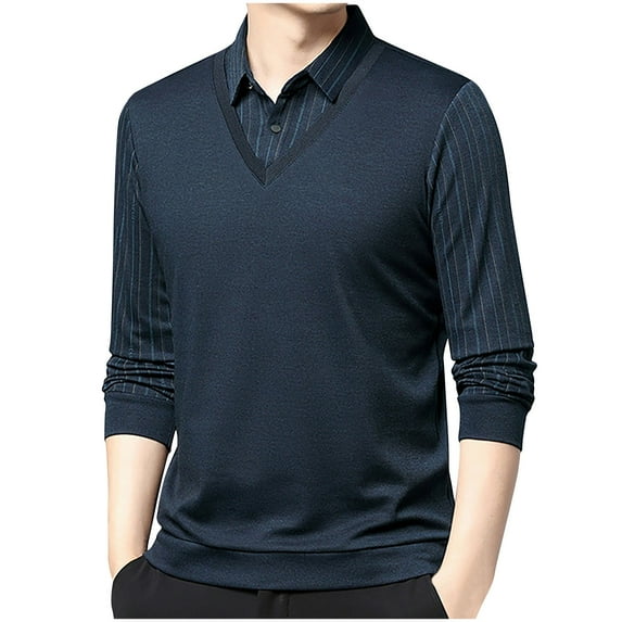 UAMVSH Men's Trendy Lapel Patch Two Piece Shirts Comfy Button Striped Long Sleeve T-Shirt Casual Vacation Business Dressy Tops(X-Large,Navy)