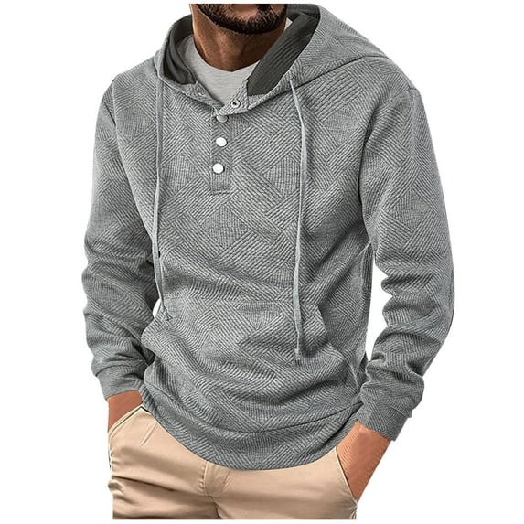 UAMVSH Men's Tweed Hoodie Loose Fit Long Sleeve Hooded Sweatshirts with Pockets Casual Drawstring Button Pullover Tops(XX-Large,Gray)