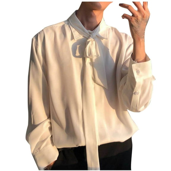 UAMVSH Men's Vintage Bow Tie Neck Button down Shirts Loose Fit Long Sleeve Casual Party Dressy T-Shirts Lightweight Baggy Clothes(3X-Large,White)