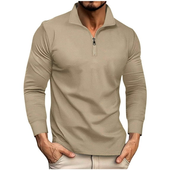 UAMVSH Mens 1/4 Zipper Pullover Tops Casual Long Sleeve Plain Shirts Lightweight Mock Neck Collared Athletic T-Shirts(Large,Khaki)