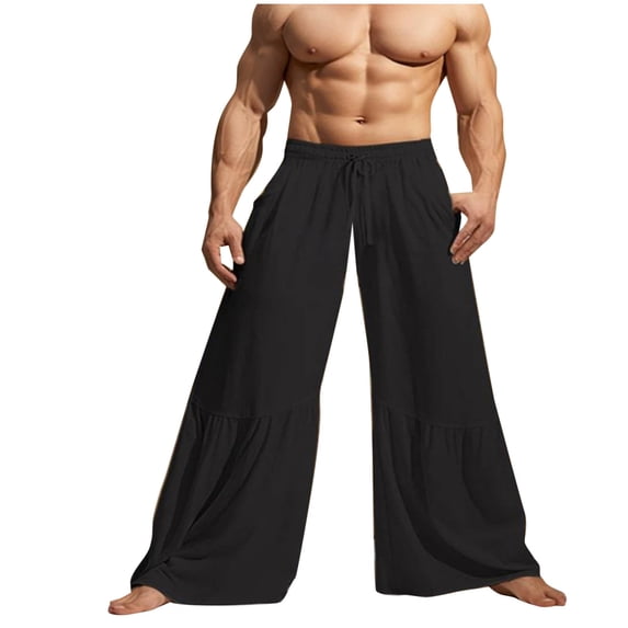 UAMVSH Mens Bell Bottom Pants Casual Cotton Linen Baggy Wide Leg Flare Pants Fashion Lightweight Lounge Pants with Pockets(Large,Black)