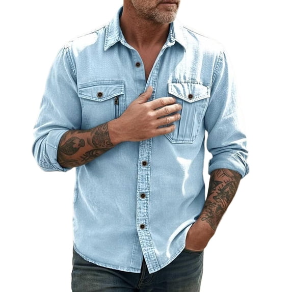 UAMVSH Mens Button Down Shirt Stylish Rolled Up Long Sleeve Shirts Vintage Casual Turndown Collar Work Tops with Pockets