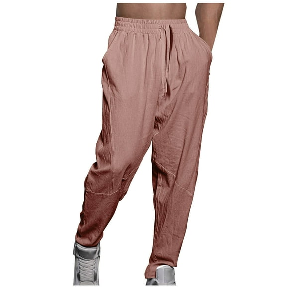 UAMVSH Mens Cotton Linen Harem Pants Casual Loose Fit Beach Drawstring Elastic Waist Trousers with Pockets Lightweight Summer Fall Pants(LargeRose Gold)