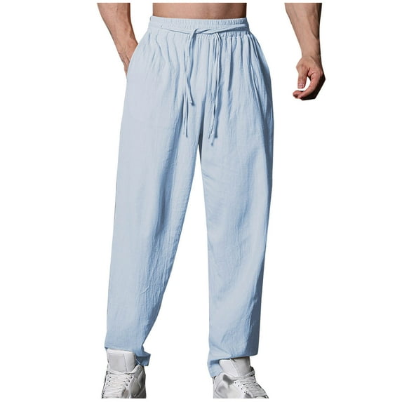 UAMVSH Mens Cotton Linen Harem Pants Casual Loose Fit Beach Drawstring Elastic Waist Trousers with Pockets Lightweight Summer Fall Pants(XX-LargeSky Blue 1)