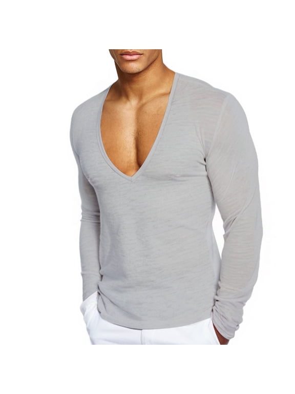 Mens Deep V Neck Muscle Cotton T-Shirt Stretchy Gym Workout Shirts Long Sleeve Slim Fit Undershirts Layering Tops(Medium,Gray)