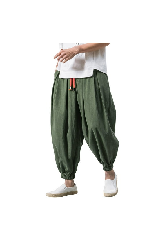 Mens Harem Pants Plus Size Cotton Linen Vacation Slacks Fashion Plain Bloomer Pants with Pockets Casual Comfy Drawstring Pants(X-LargeArmy Green)