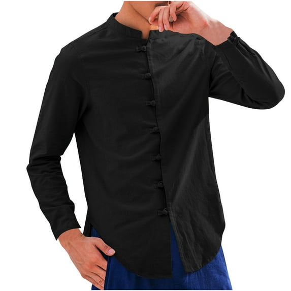 UAMVSH Mens Long Sleeve Shirts Button down Loose Fit Vintage T-Shirts Mock Neck Curved Hem Tops Lightweight Vacation Travel Clothes(Medium,Black)