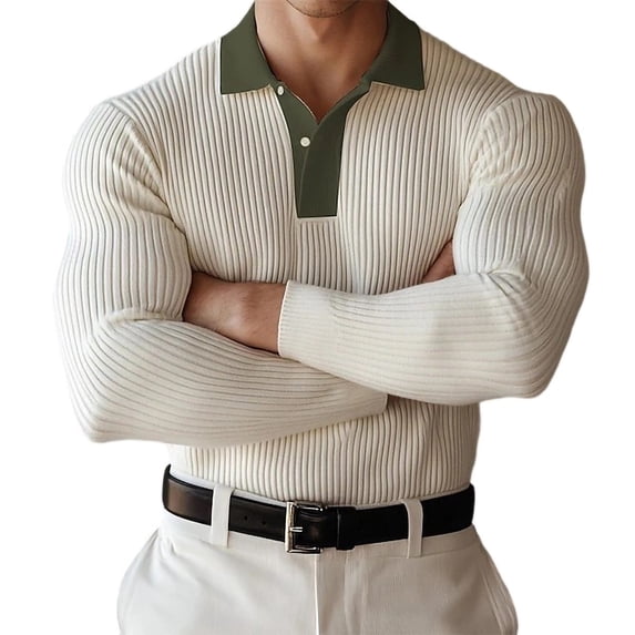 UAMVSH Mens Pullover Color Block Lapel Long Sleeve Shirts Ribbed Knit Slim Fit Muscle Athletic Tops Casual Fashion Clothing