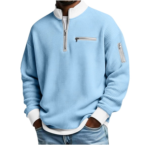 UAMVSH Mens Quarter Zip Pullover Color Block Long Sleeve Tops Knit Textured Casual Mock Neck Sweatshirt Streetwear with Zipper Pockets