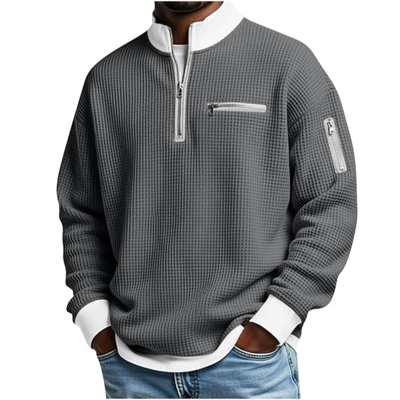 UAMVSH Mens Quarter Zip Pullover Color Block Long Sleeve Tops Knit Textured Casual Mock Neck Sweatshirt Streetwear with Zipper Pockets