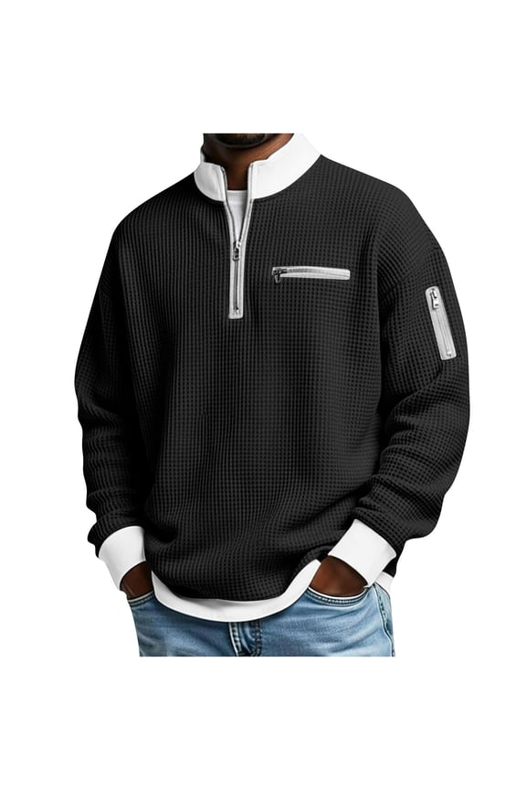 Mens Quarter Zip Pullover Color Block Long Sleeve Tops Knit Textured Casual Mock Neck Sweatshirt Streetwear with Zipper Pockets