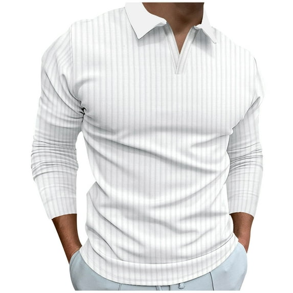 UAMVSH Mens Ribbed Knitted Shirts Casual Lapel V-Neck Outdoor Travel Tops Soft Long Sleeve Workout Sport Golf Undershirts(XX-Large,White)