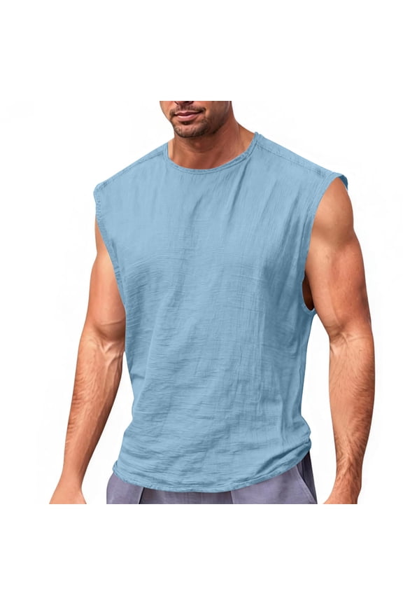 Mens Sleeveless Linen Shirts Summer Sleeveless Muscle Tee Lightweight Breathable Crewneck Tops for Beach Vacation