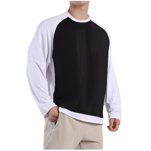 UAMVSH Mens T-Shirts Long Sleeve Baseball Athletic Pullover Shirts Fall Lightweight Casual Color Block Crew Neck Top Clothes(Medium,White)