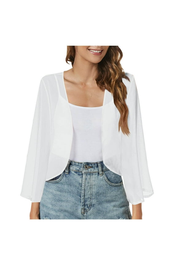 Mesh Cardigan for Women Lightweight Trendy Bolero Shrug Jackets Elegant Cropped Chiffon Long Sleeve Open Front Coats Ladies Fashion(X-Large,White)