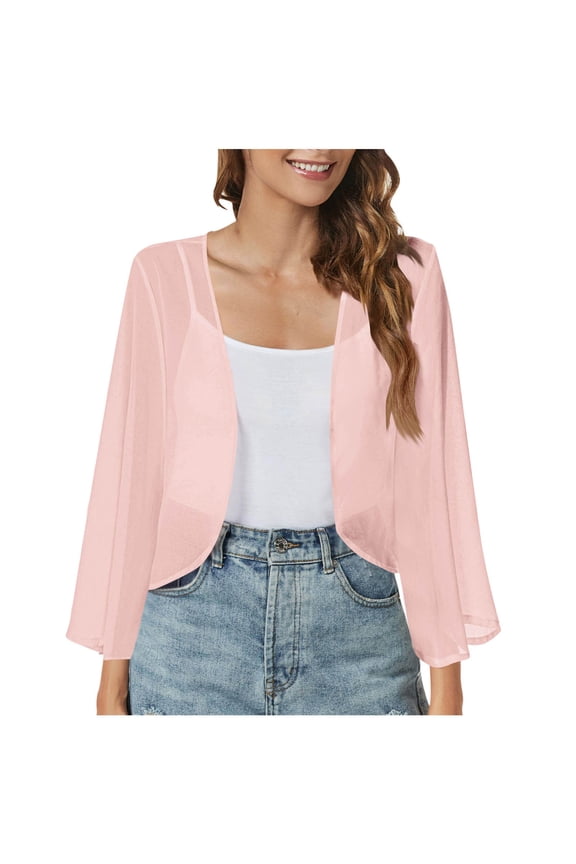 Mesh Cardigan for Women Lightweight Trendy Bolero Shrug Jackets Elegant Cropped Chiffon Long Sleeve Open Front Coats Ladies Fashion(XX-Large,Pink)