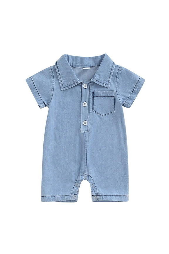 Newborn Baby Boy Girl Denim Jumpsuit Infant Short Sleeve Romper Lapel Button Up One Piece Outfit Summer Clothes 0-18Months