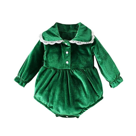 UAMVSH Newborn Baby Clothes Soft Velvet Doll Collar Ruffle Romper Trendy Half Button down Lace Lapel Fall Winter Jumpsuit(3-6 Months,Green)