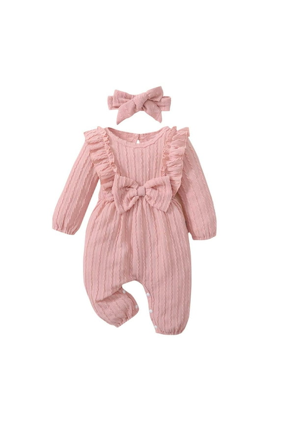 Newborn Baby Girl Clothes Ruffled Cable Knit Sweater Romper Infant Bow Tie Front Long Sleeve Jumpsuit Fall Winter Outfits 0-18M