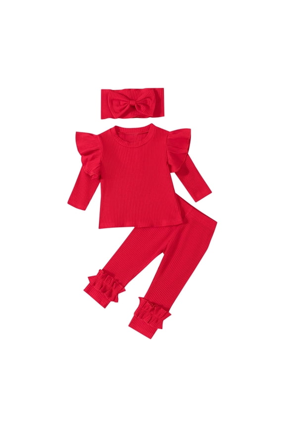 Newborn Baby Girl's 3pc Sets Ribbed Long Sleeve Ruffle Shirts Pants Sets Infant Fall Winter Outfits