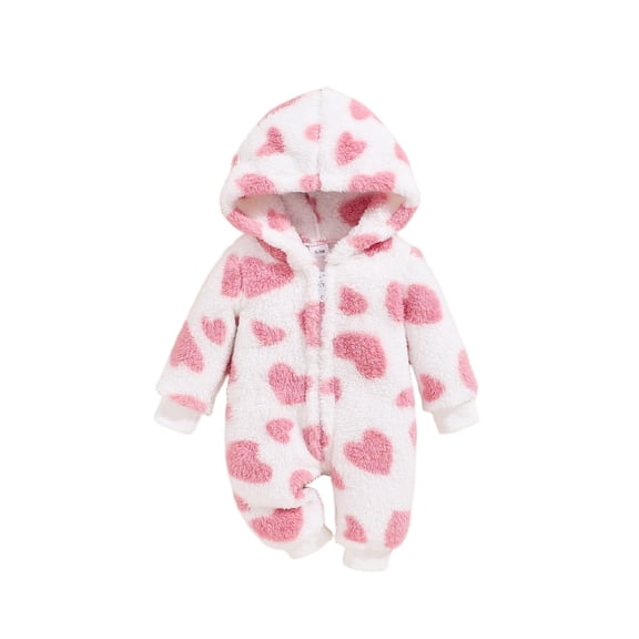 UAMVSH Newborn Baby Jumpsuit Fleece Sherpa Winter Long Sleeve Hooded Romper Comfy Soft Heart Print Cute Onesies for Baby Girl