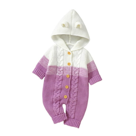 UAMVSH Newborn Knitted Clothes for Baby Color Block Cable Knitted Sweater Rompers with Hooded Cute Ear Winter Warm Outerwear Onesie(12-18 Months,Purple)