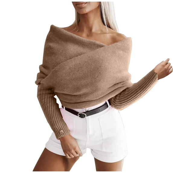 UAMVSH Off Shoulder Sweaters for Women Elegant Criss Cross Wrap Knitwear Tops Baggy Fall Long Sleeve Party Pullover Sweaters(Free Size,Brown)