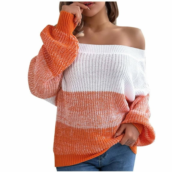 UAMVSH Off Shoulder Sweaters for Women Oversized Long Sleeve Basic Tops Fashion Color Block Loose Pullover Soft Knitted Sweaters(X-Large,Orange)