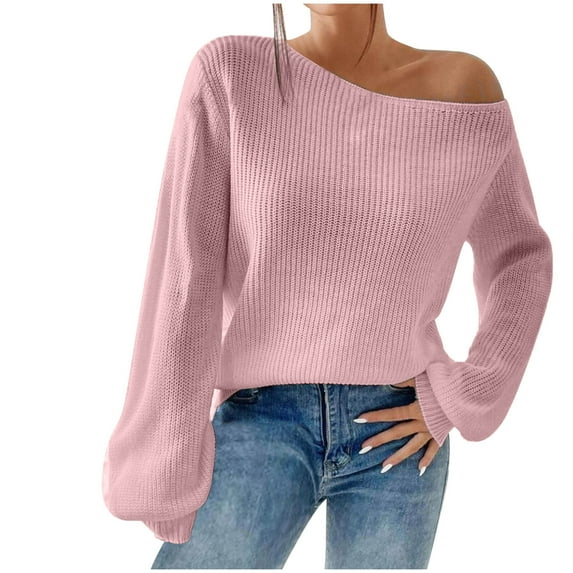 UAMVSH Off the Shoulder Sweaters for Women Trendy Going Out Party Tops Fall Ribbed Knitted Lantern Long Sleeve Pullover Sweaters(Small,Pink)