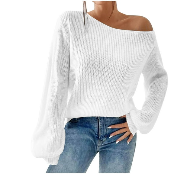 UAMVSH Off the Shoulder Sweaters for Women Trendy Going Out Party Tops Fall Ribbed Knitted Lantern Long Sleeve Pullover Sweaters(X-Large,White)