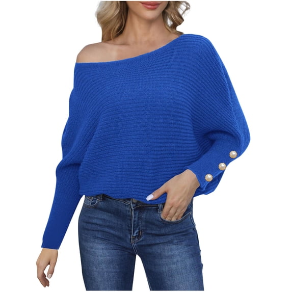 UAMVSH One Shoulder Sweaters for Women Elegant Solid Color Going out Pullover Sweaters Casual Button Long Sleeve Fall Tops Knitwear(Large,Blue)