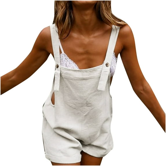 UAMVSH Overall Shorts for Women Cotton Linen Adjustable Wide Strap Rompers with Button Sleeveless Pocket Cuffed Hem Jumpsuit Clothes