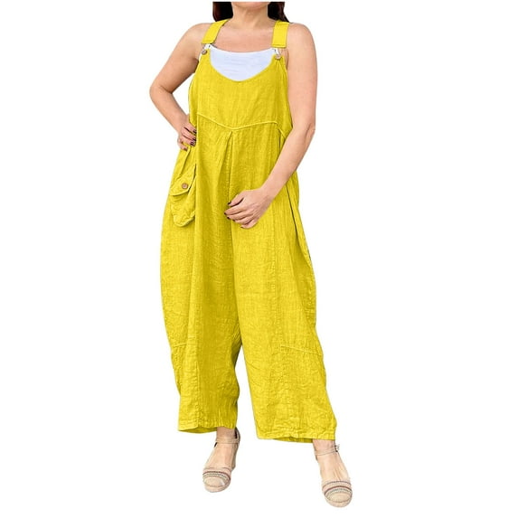 UAMVSH Overalls for Women Cotton Linen Loose Fit Wide Strap Jumpsuit Sleeveless Wide Leg Long Rompers Clothes with Pockets