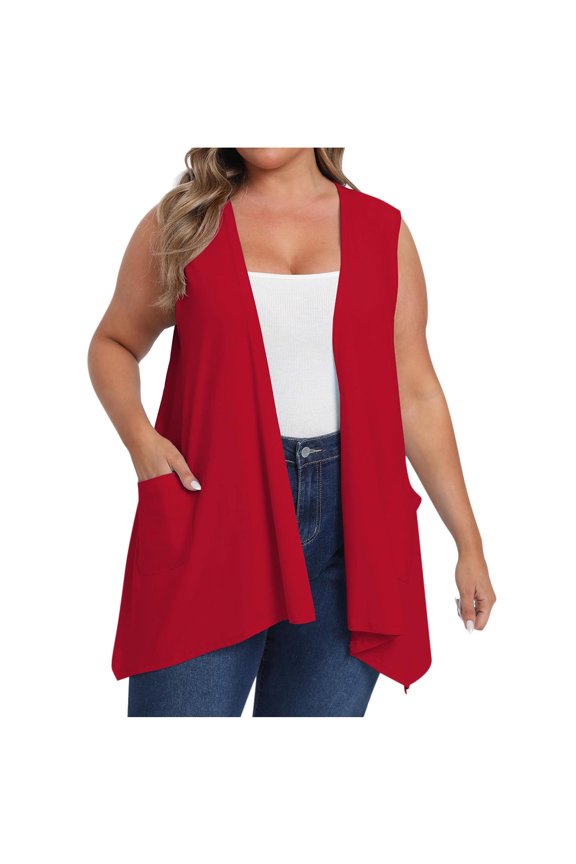Oversized Cardigans for Women Plus Size Sleeveless Beach Vacation Dusters with Pockets Casual Drape Open Front Clothes(5X-Large,Red)