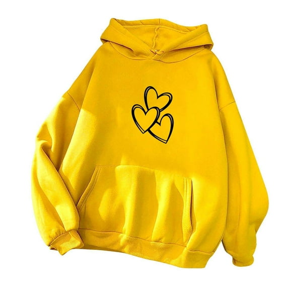 UAMVSH Oversized Hoodie for Women Cute Valentine's Day Heart Printed Hooded Pullover with Pockets Basic Long Sleeve Sweatshirts(Medium,Yellow)