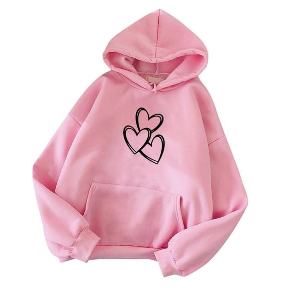 UAMVSH Oversized Hoodie for Women Cute Valentine's Day Heart Printed Hooded Pullover with Pockets Basic Long Sleeve Sweatshirts(Small,Pink)