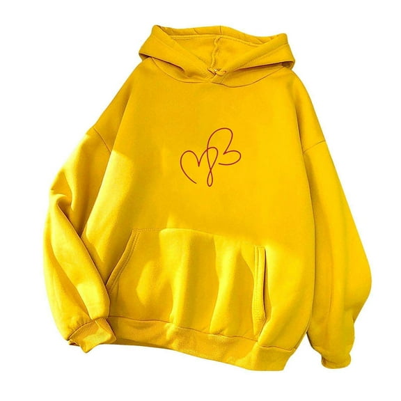 UAMVSH Oversized Hoodie for Women Cute Valentine's Day Heart Printed Hooded Pullover with Pockets Basic Long Sleeve Sweatshirts(X-Large,Yellow 1)