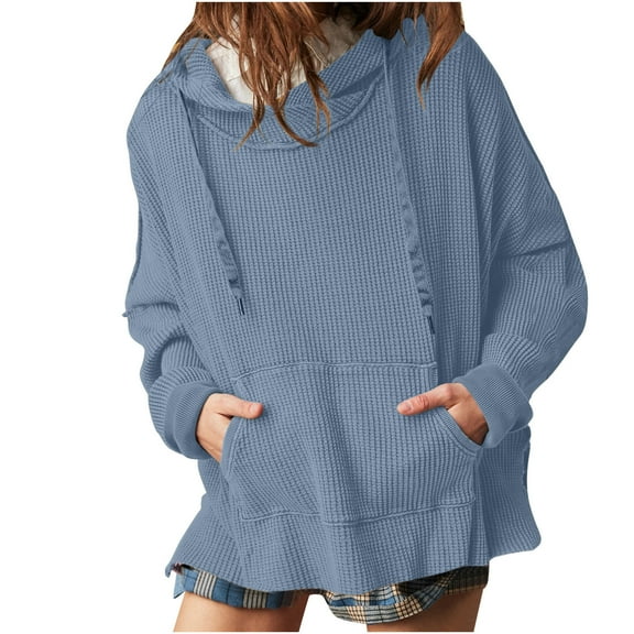 UAMVSH Oversized Hoodies for Women Casual Long Sleeve Knitted hooded sweatshirts with pockets Drawstring Side Slit Pullover tops(Small,Blue)